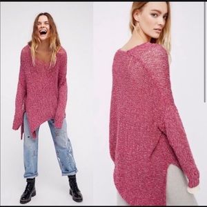 FREE PEOPLE Pink Slouchy Asymmetrical Sweater-XL